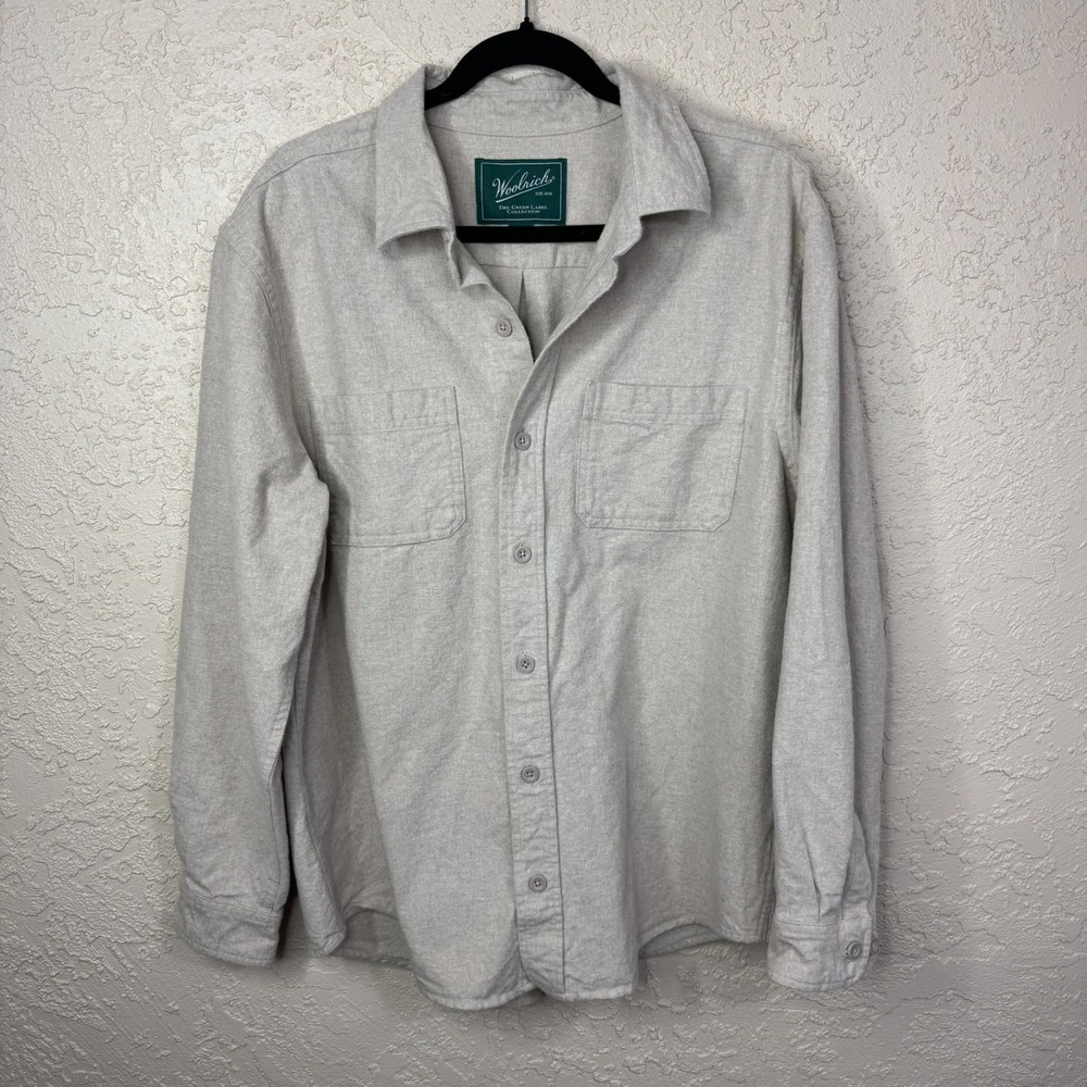 Woolrich Green Label Mens Large Tan Cotton Flannel Button Down Shirt Size L 6586